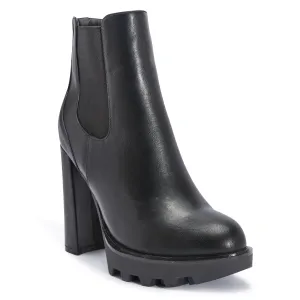 Black Synthetic Suede Block Heel Chunky Elastic Boot