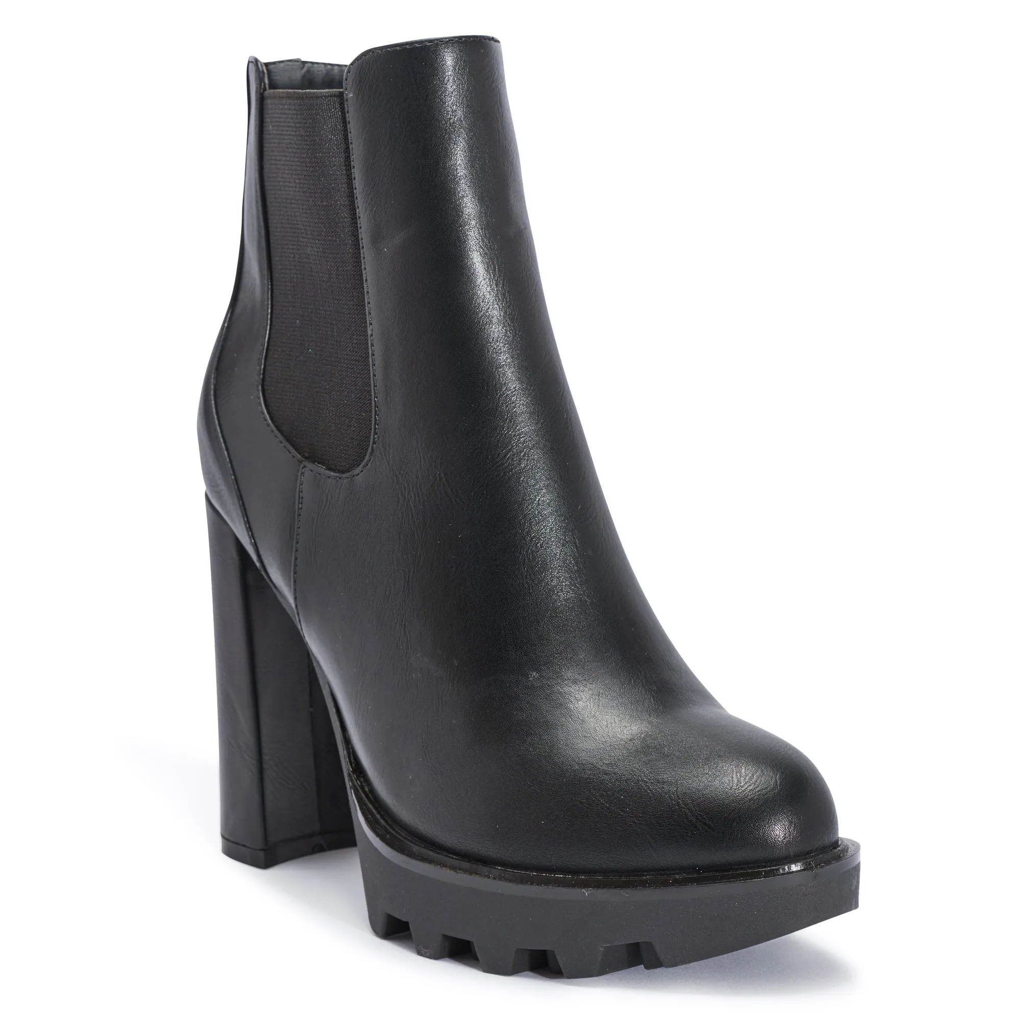 Black Synthetic Suede Block Heel Chunky Elastic Boot