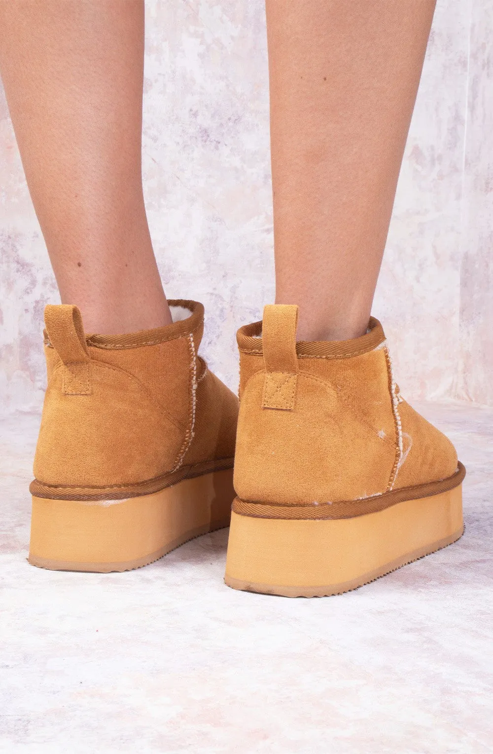 Camel Faux Suede Ultra  Mini Ankle Platform Boots