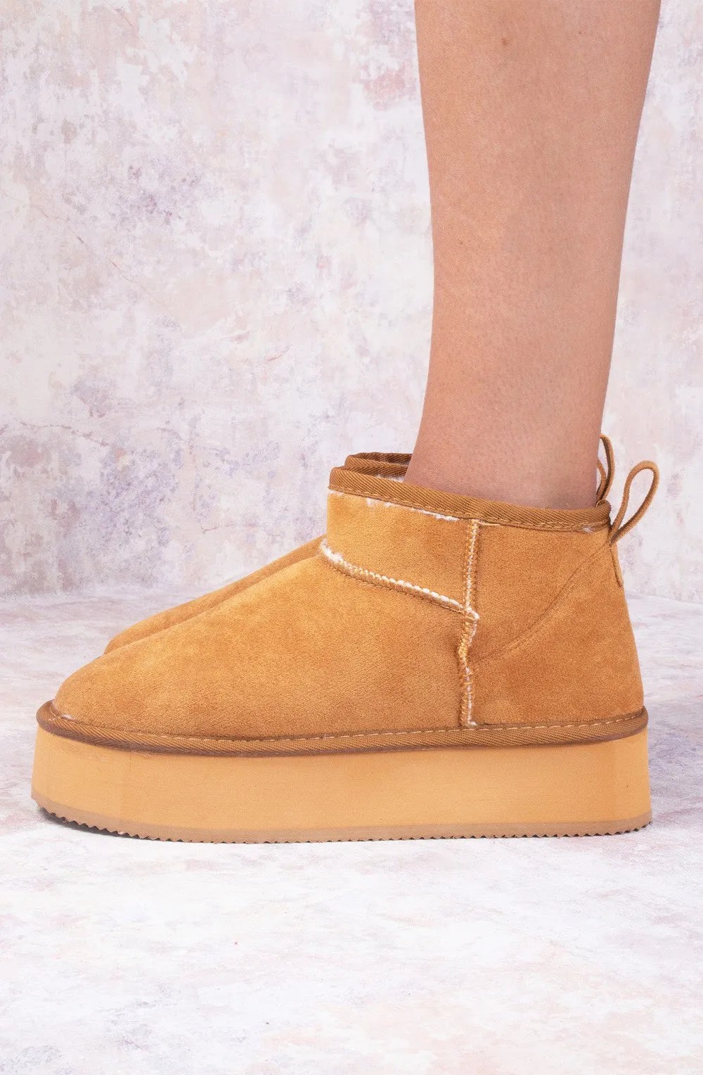 Camel Faux Suede Ultra  Mini Ankle Platform Boots