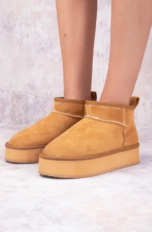 Camel Faux Suede Ultra  Mini Ankle Platform Boots