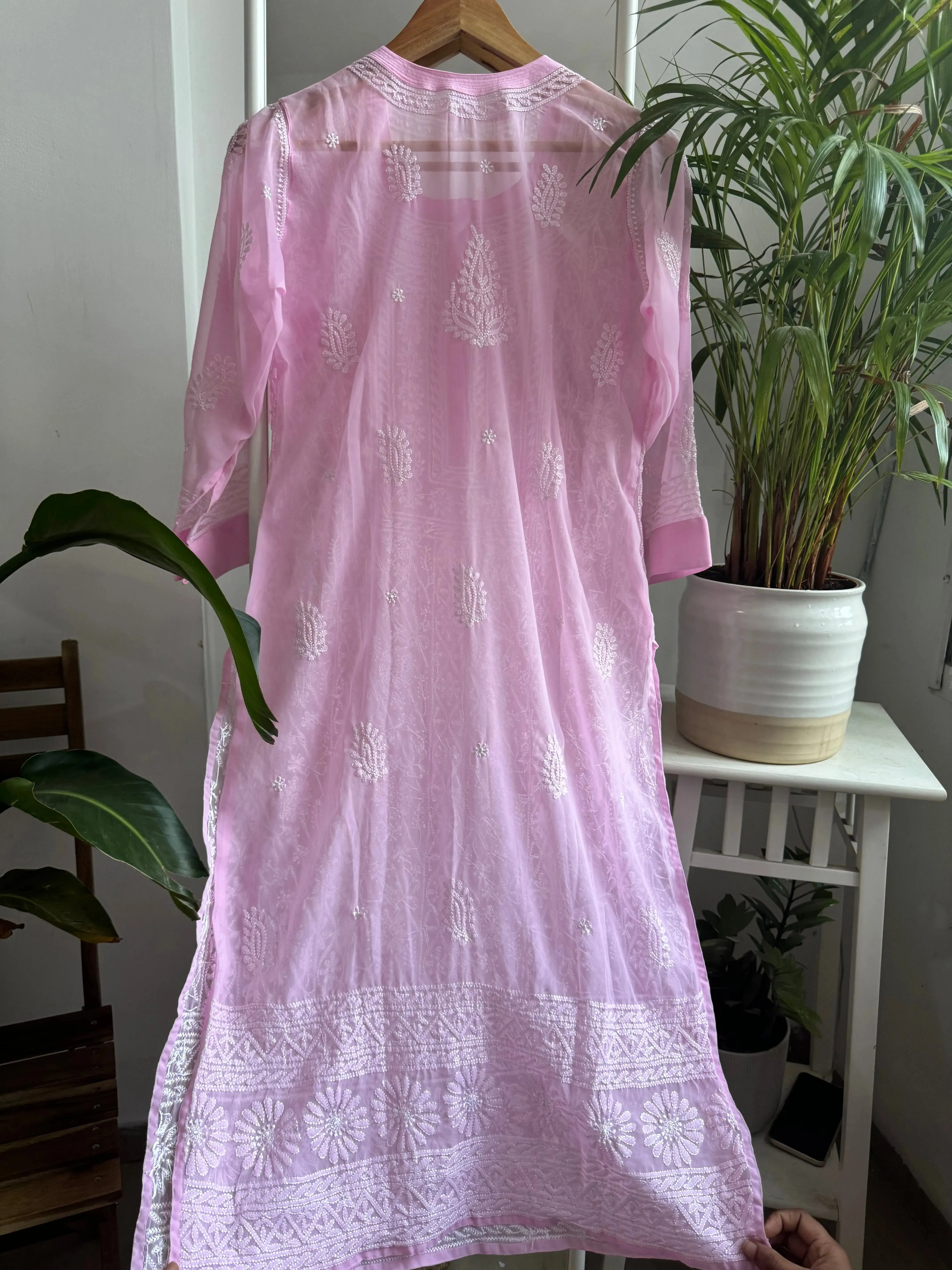 Chikankari Resham Jaal Kurti - Pink