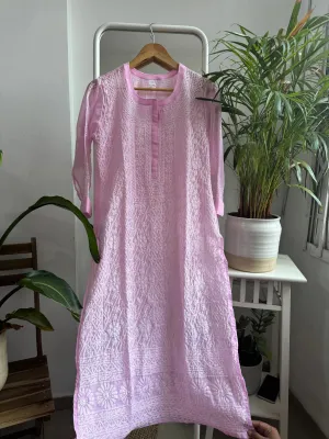 Chikankari Resham Jaal Kurti - Pink