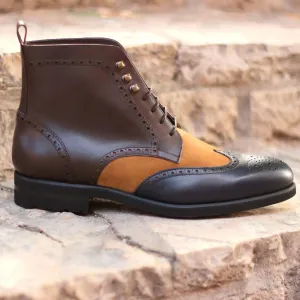 DapperFam Valiant in Black / Dark Brown / Camel Men's Italian Leather & Lux Suede Military Brogue