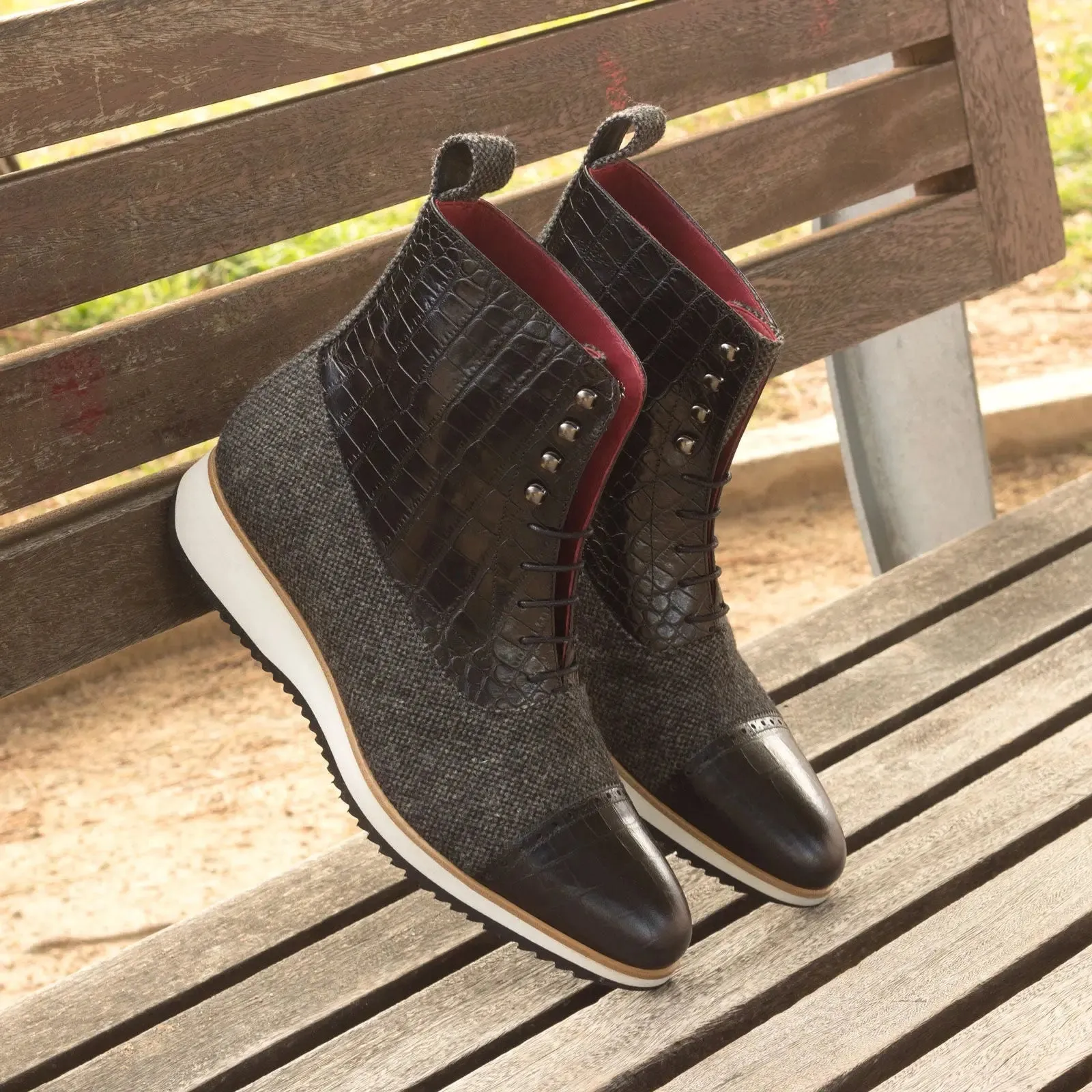 DapperFam Vittorio in Black / Nailhead Men's Sartorial & Italian Croco Embossed Leather Balmoral Boot