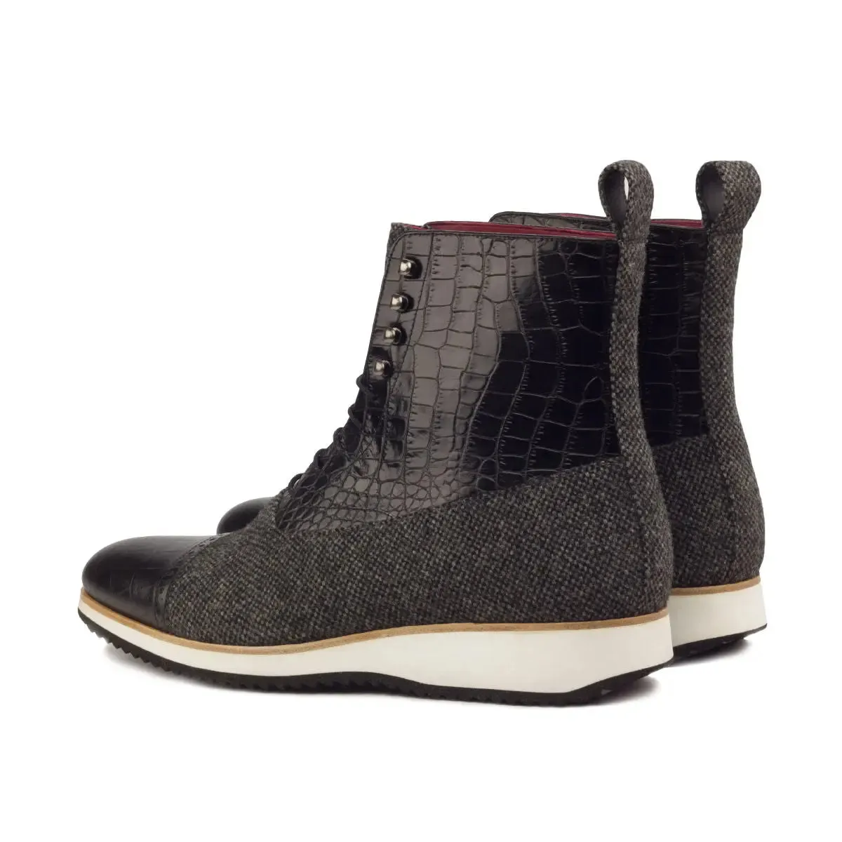 DapperFam Vittorio in Black / Nailhead Men's Sartorial & Italian Croco Embossed Leather Balmoral Boot