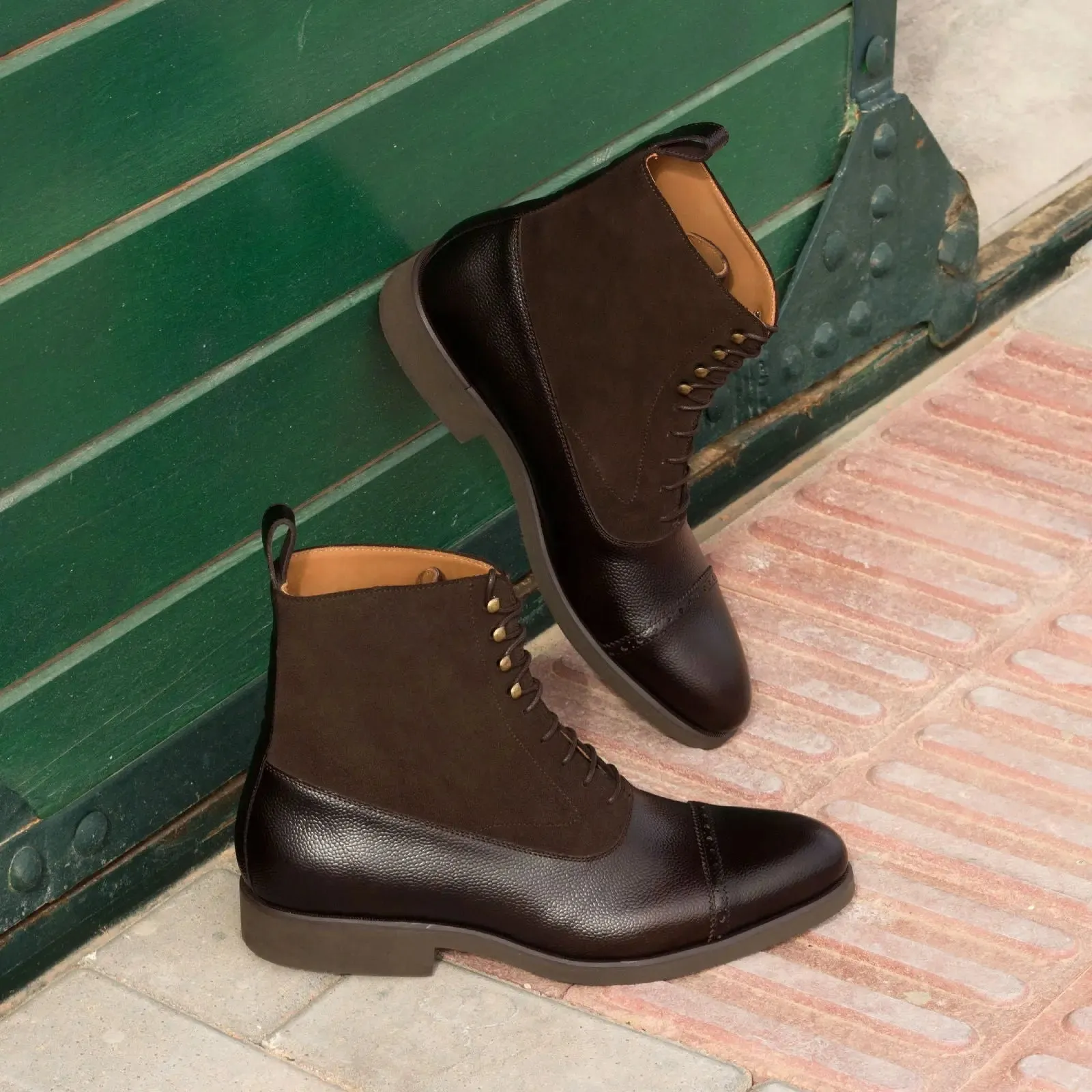 DapperFam Vittorio in Dark Brown Men's Lux Suede & Italian Pebble Grain Leather Balmoral Boot