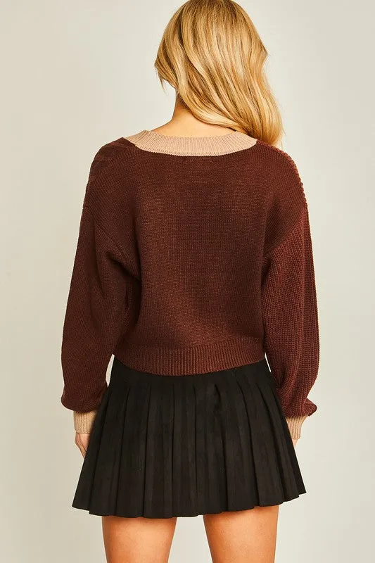 Dark Brown Color Block Sweater Cardigan