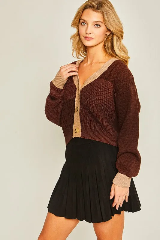 Dark Brown Color Block Sweater Cardigan