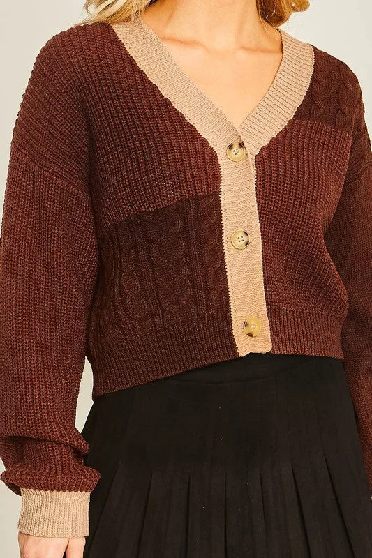 Dark Brown Color Block Sweater Cardigan