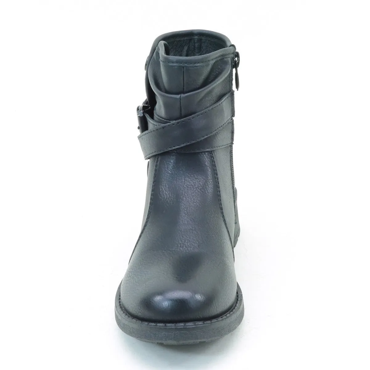 Distressed Buckle Flat Ankle Casual Women's Vegan Boots Black