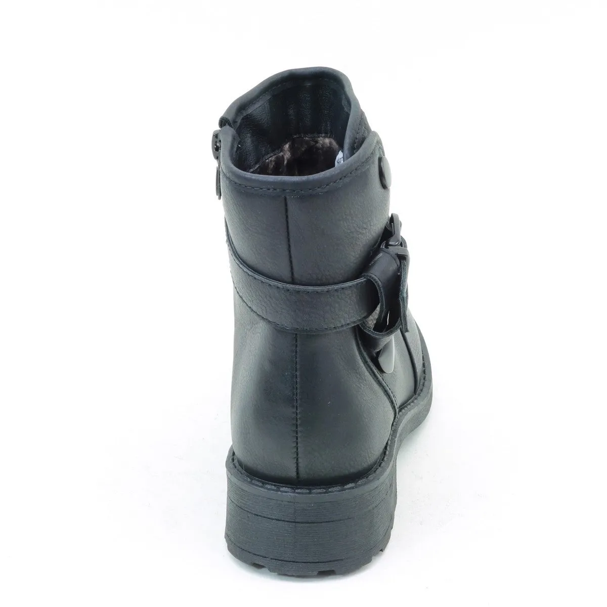 Distressed Buckle Flat Ankle Casual Women's Vegan Boots Black