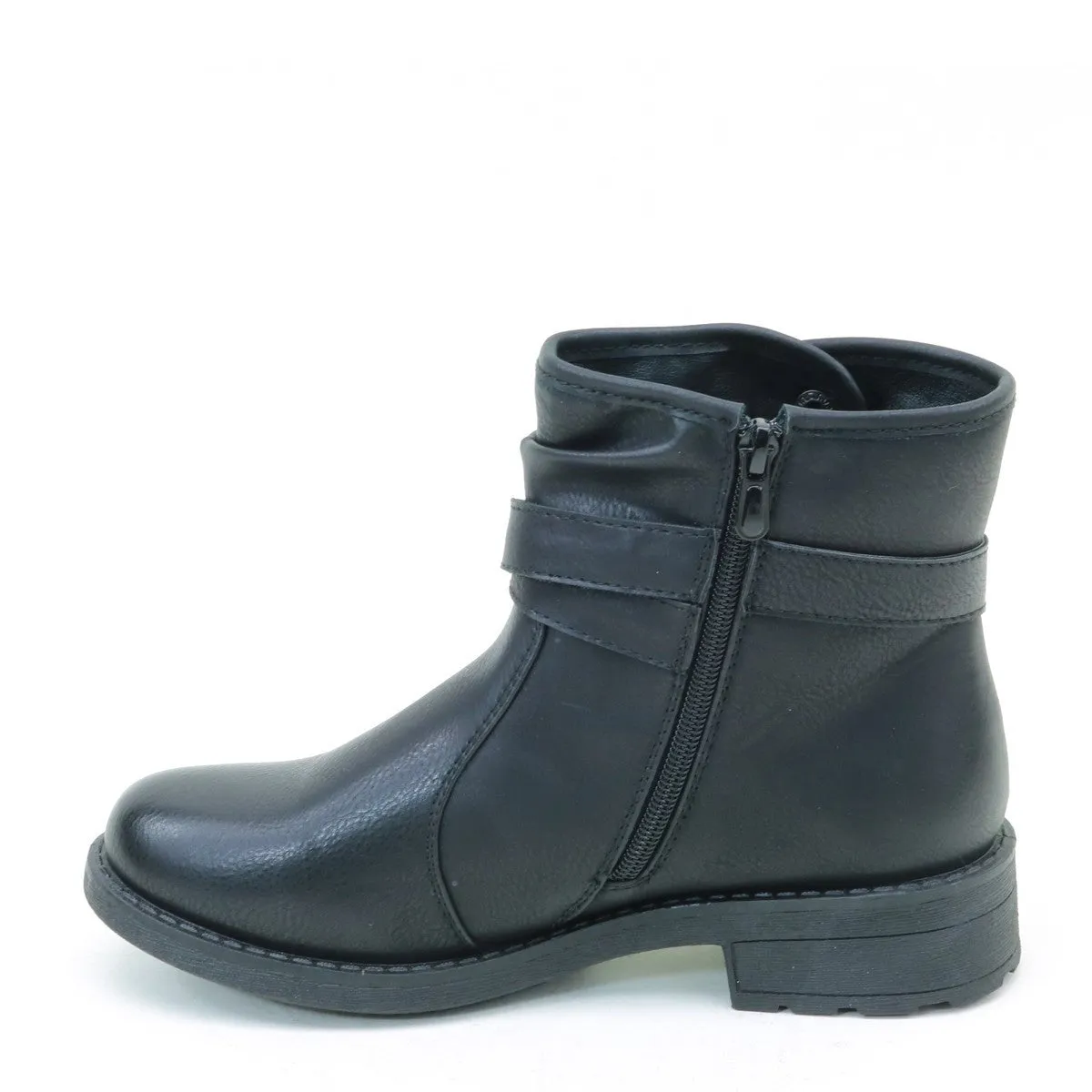 Distressed Buckle Flat Ankle Casual Women's Vegan Boots Black