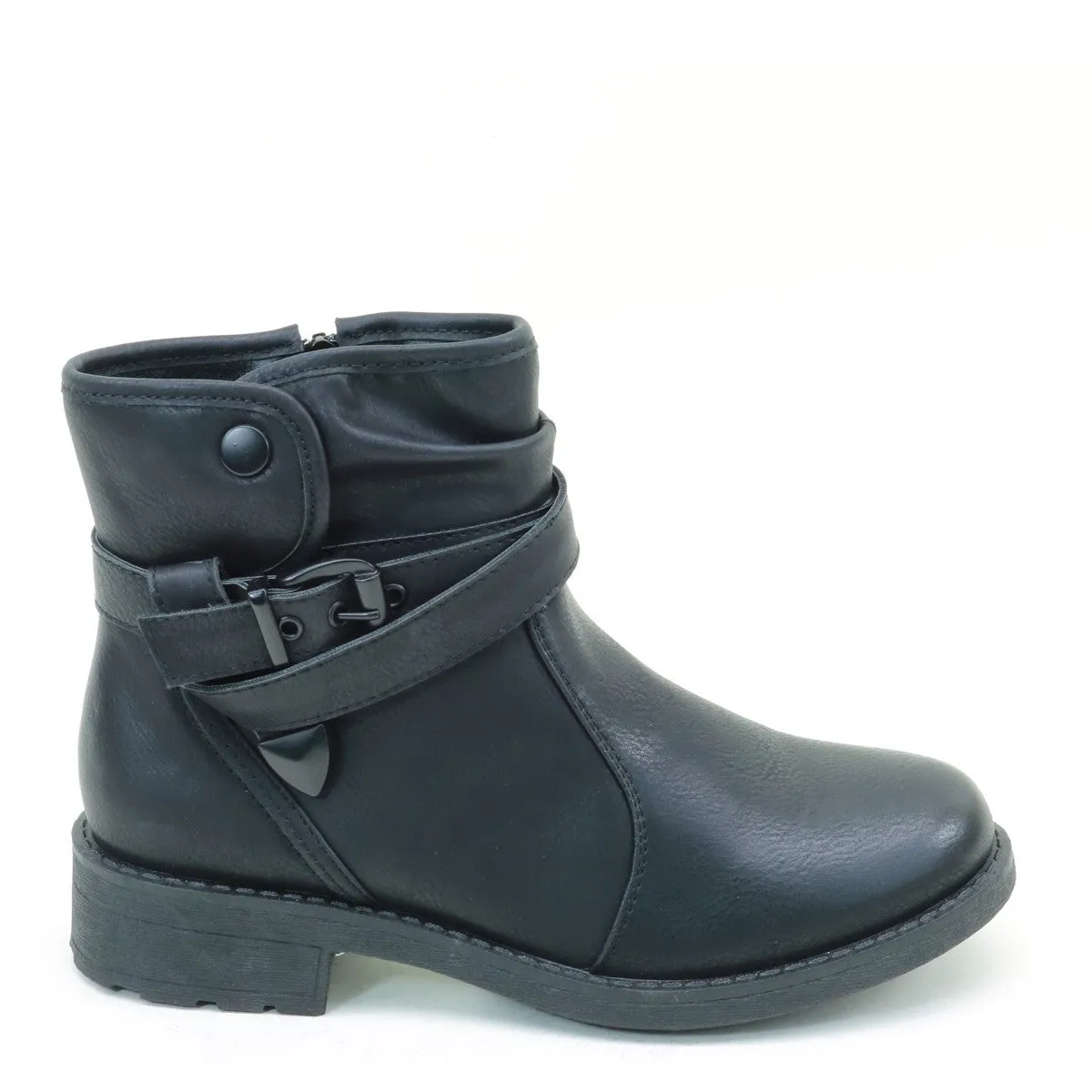 Distressed Buckle Flat Ankle Casual Women's Vegan Boots Black