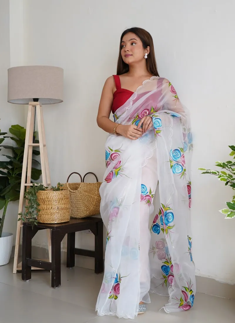 Elegant Floral Printed Organza Saree with Satin Banglori Blouse