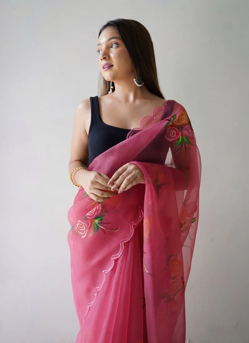 Elegant Floral Printed Organza Saree with Satin Banglori Blouse