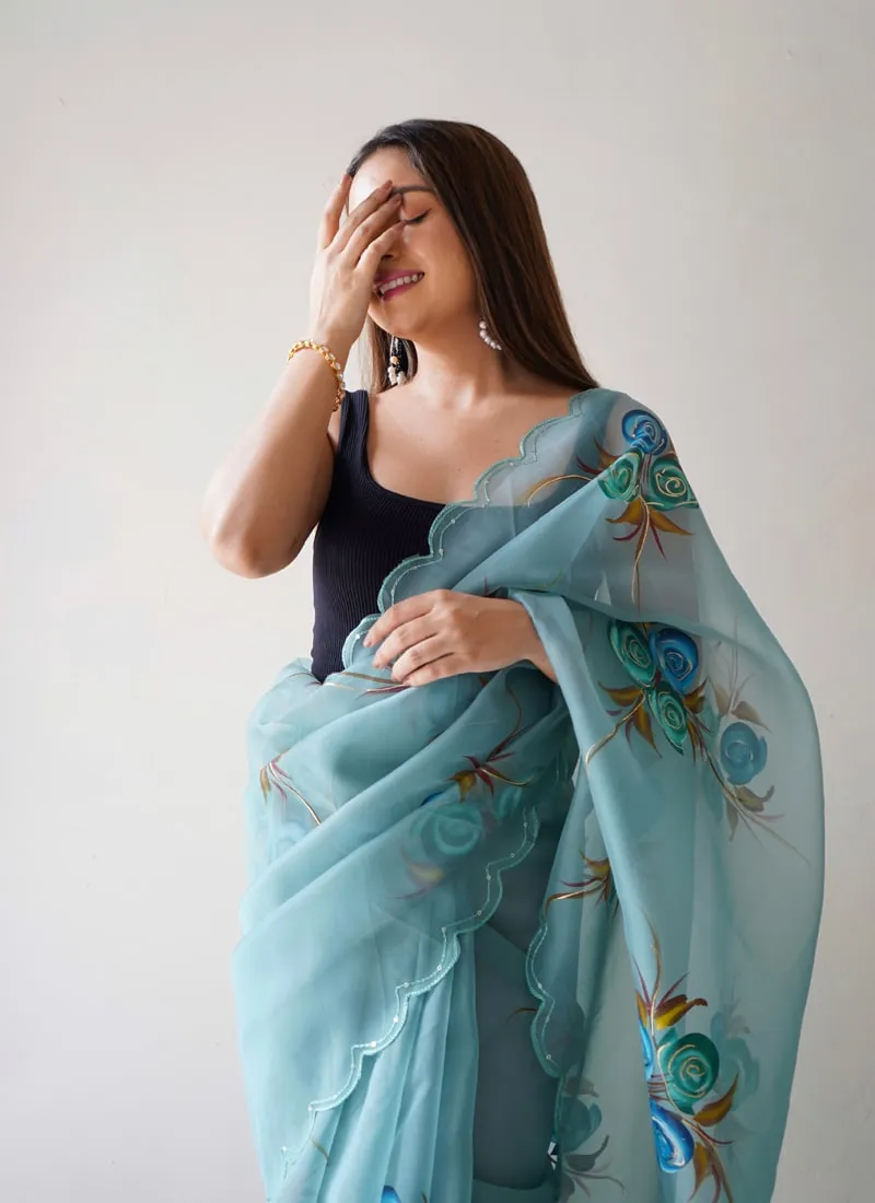 Elegant Floral Printed Organza Saree with Satin Banglori Blouse