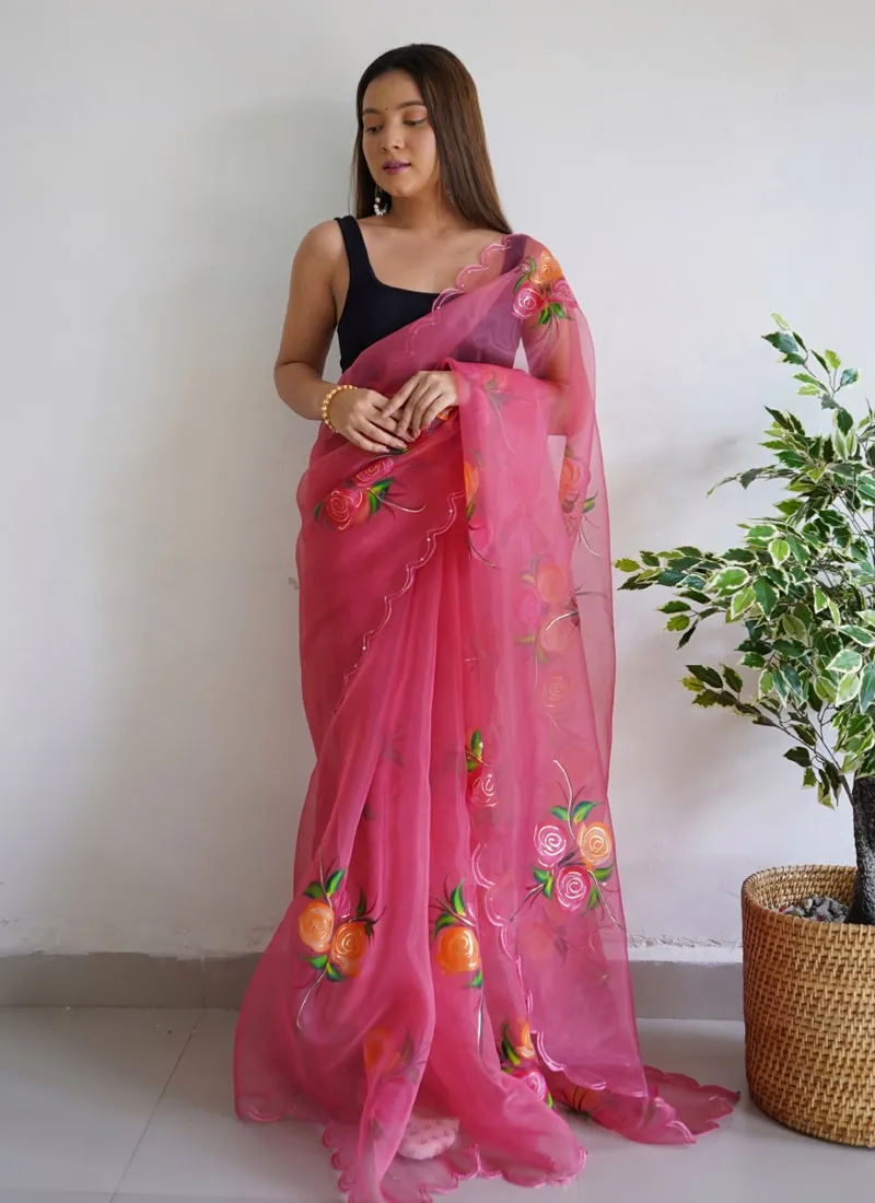 Elegant Floral Printed Organza Saree with Satin Banglori Blouse