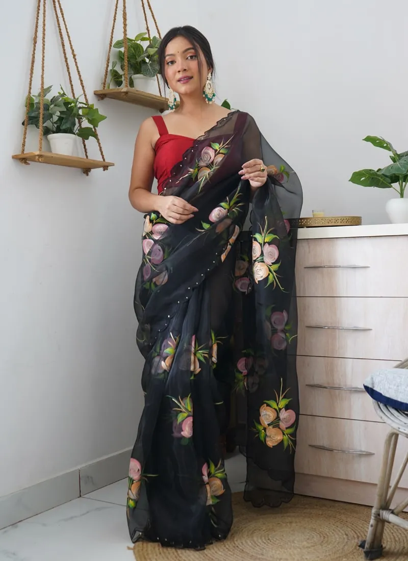 Elegant Floral Printed Organza Saree with Satin Banglori Blouse