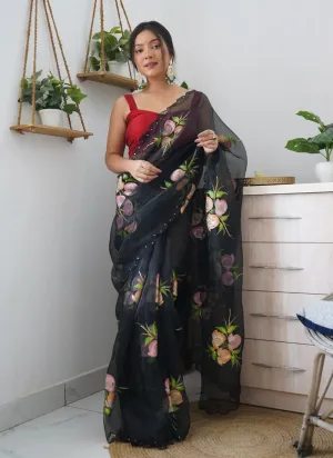 Elegant Floral Printed Organza Saree with Satin Banglori Blouse