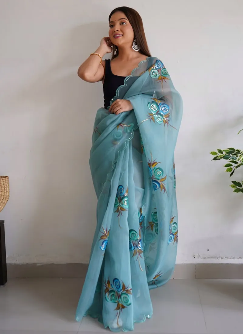 Elegant Floral Printed Organza Saree with Satin Banglori Blouse