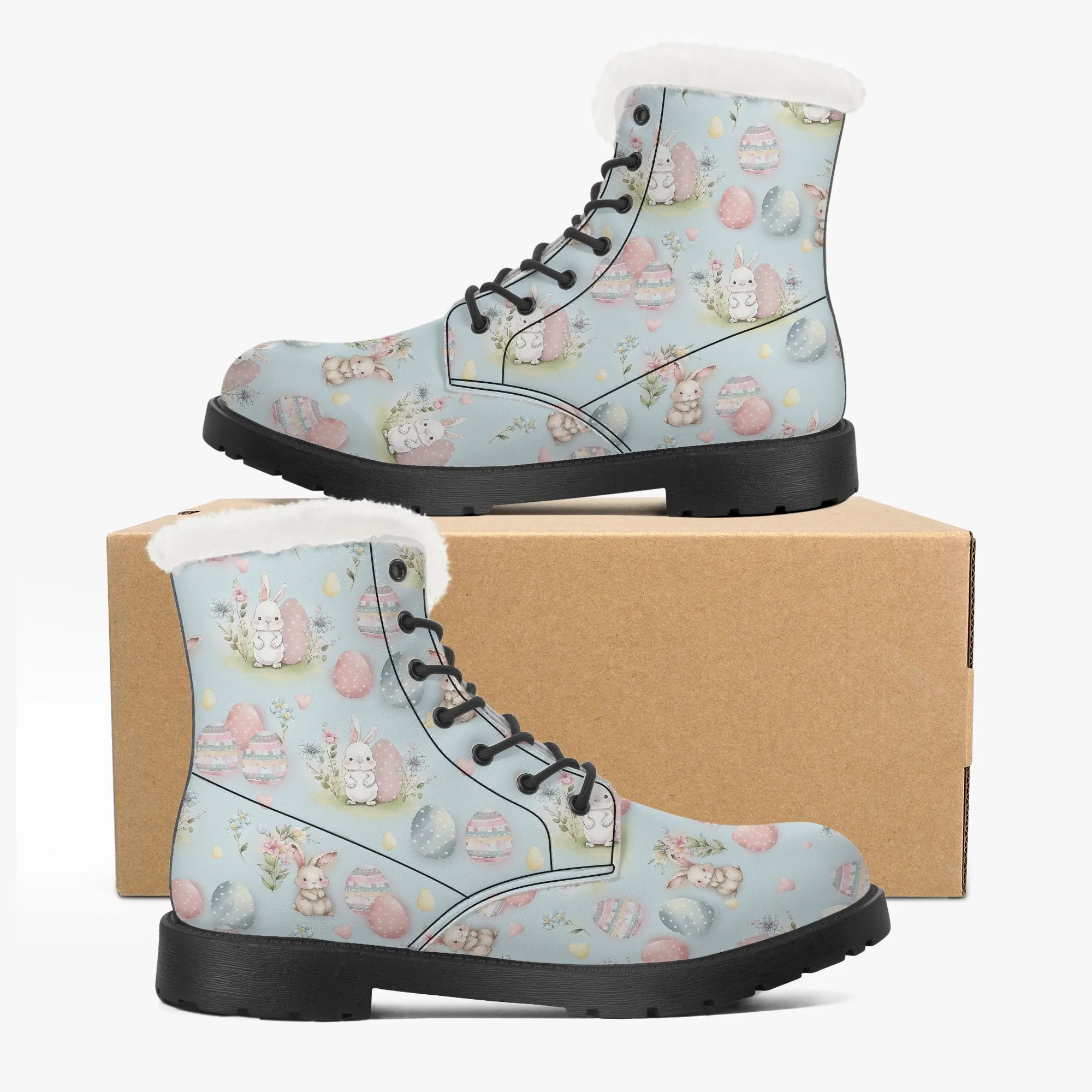 Faux Fur Leather Boots Cute Easter Print Blue