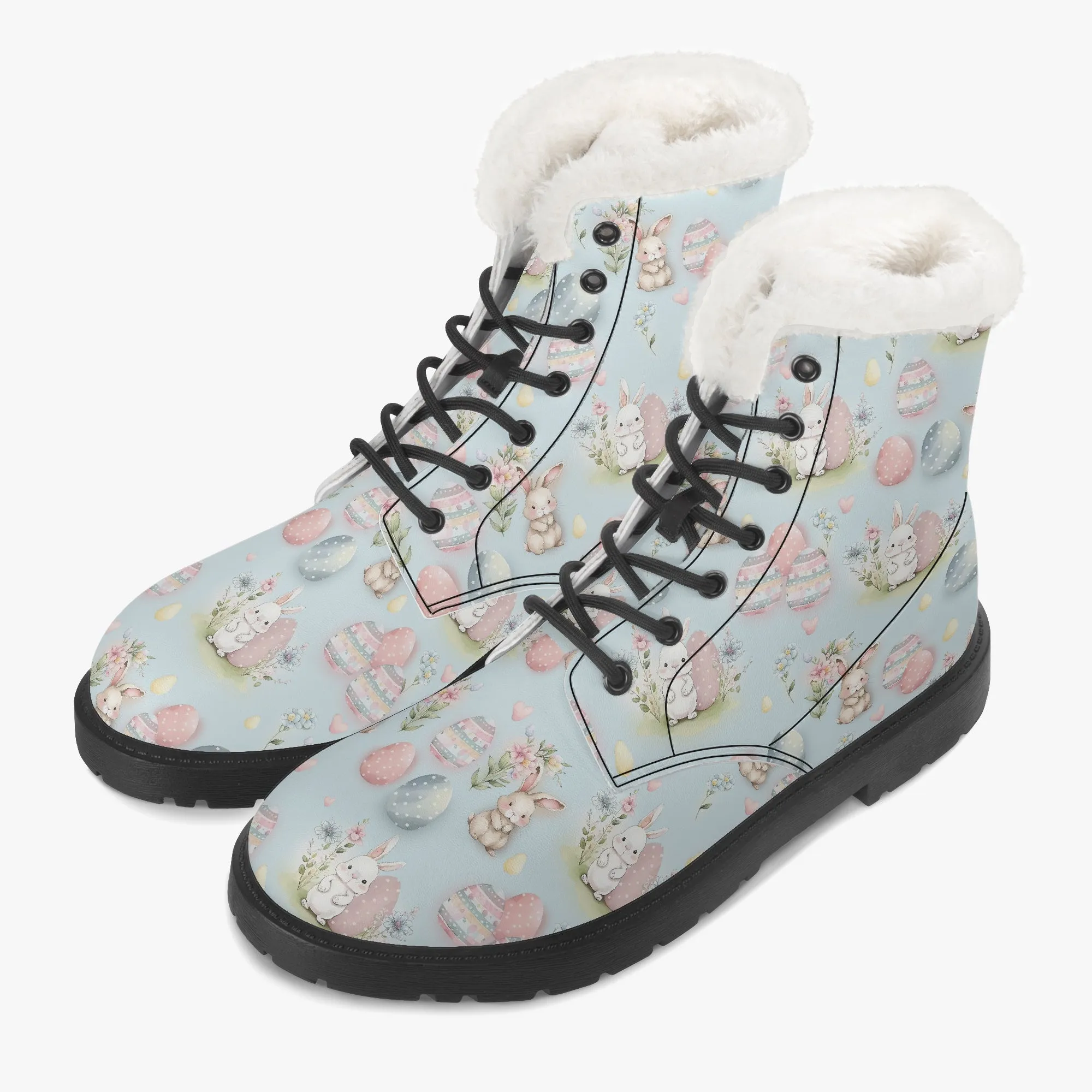 Faux Fur Leather Boots Cute Easter Print Blue