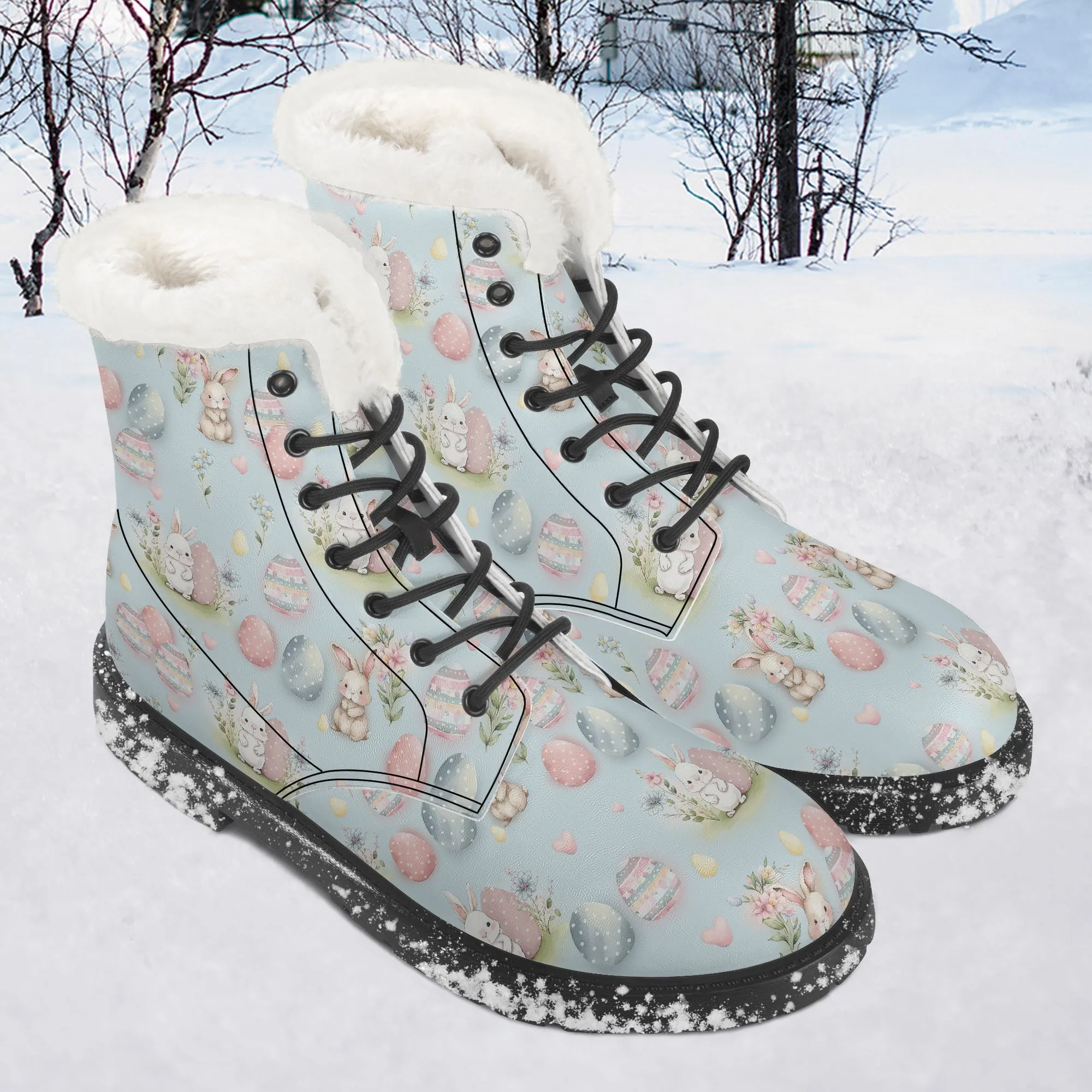 Faux Fur Leather Boots Cute Easter Print Blue