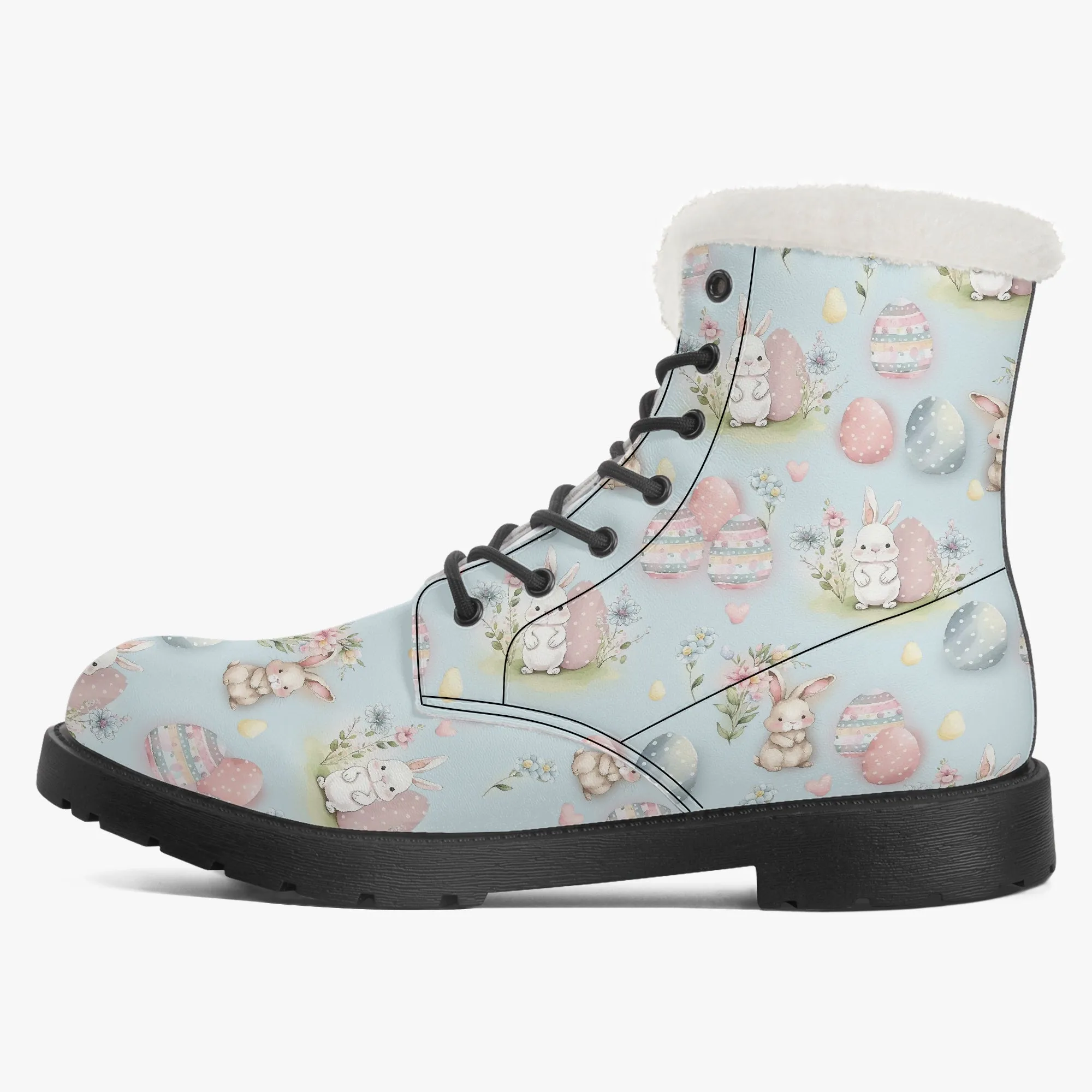 Faux Fur Leather Boots Cute Easter Print Blue