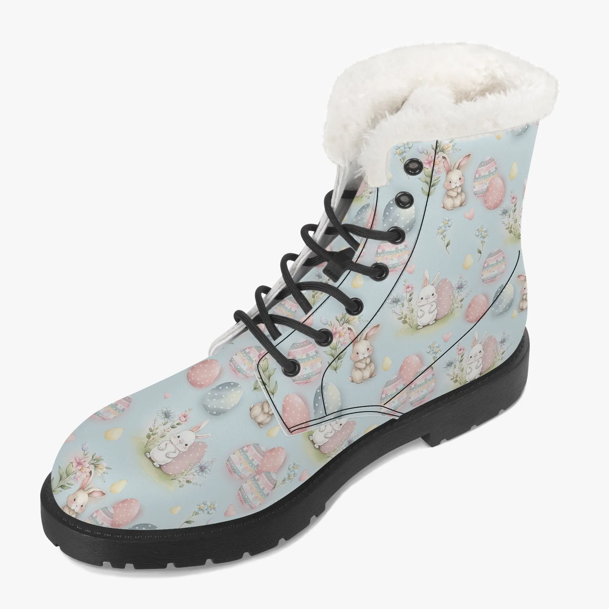 Faux Fur Leather Boots Cute Easter Print Blue