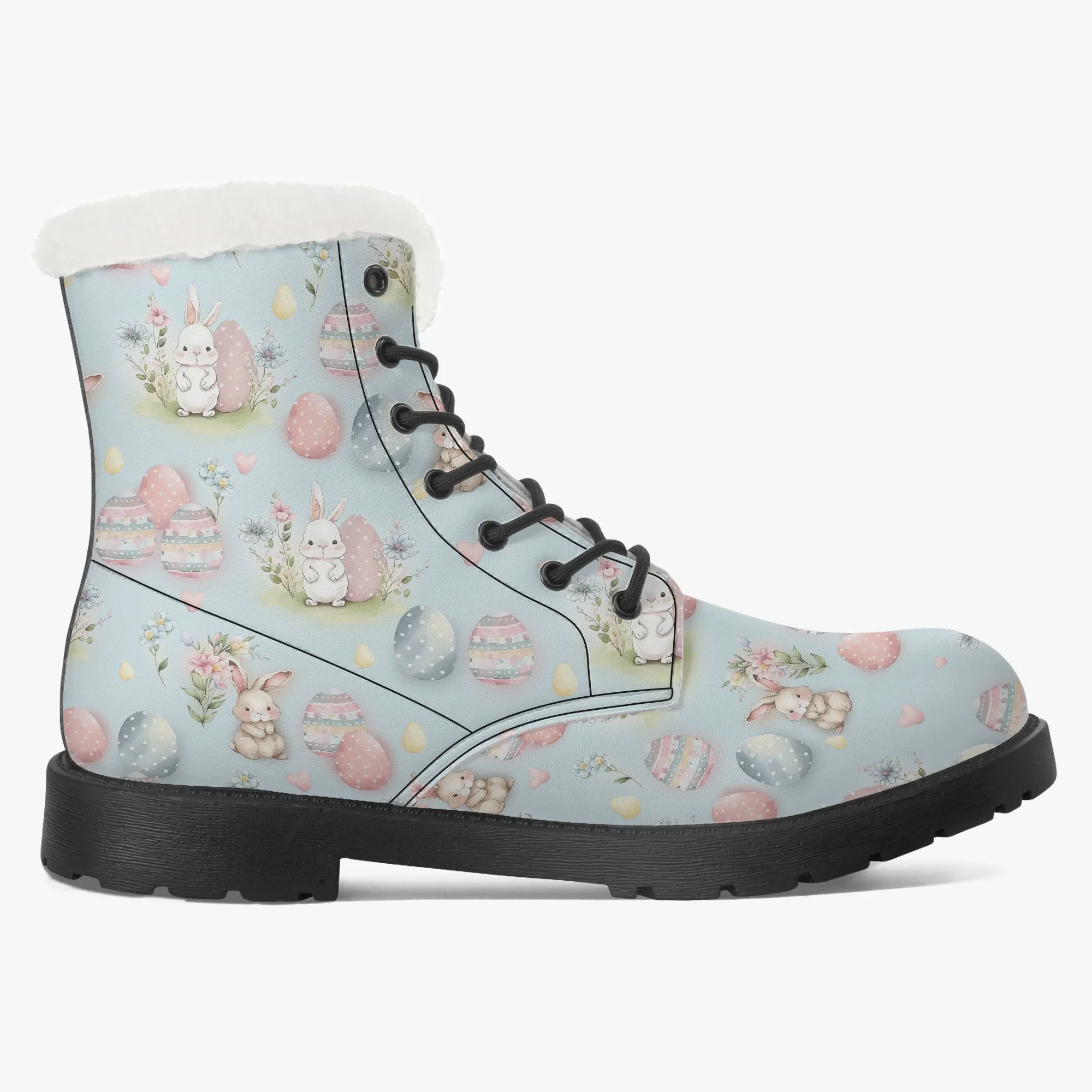 Faux Fur Leather Boots Cute Easter Print Blue