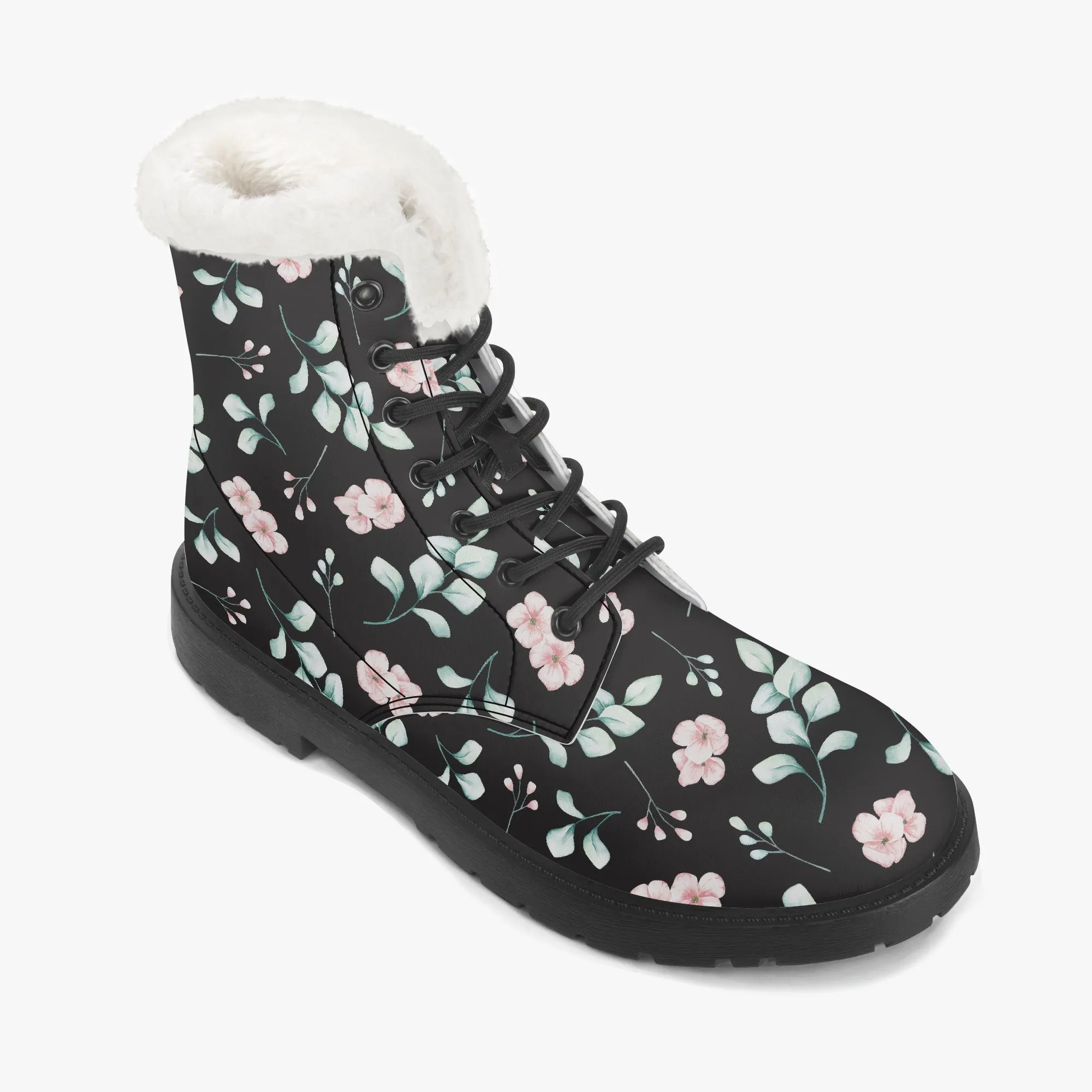 Faux Fur Leather Boots Floral and Eucalyptus Black