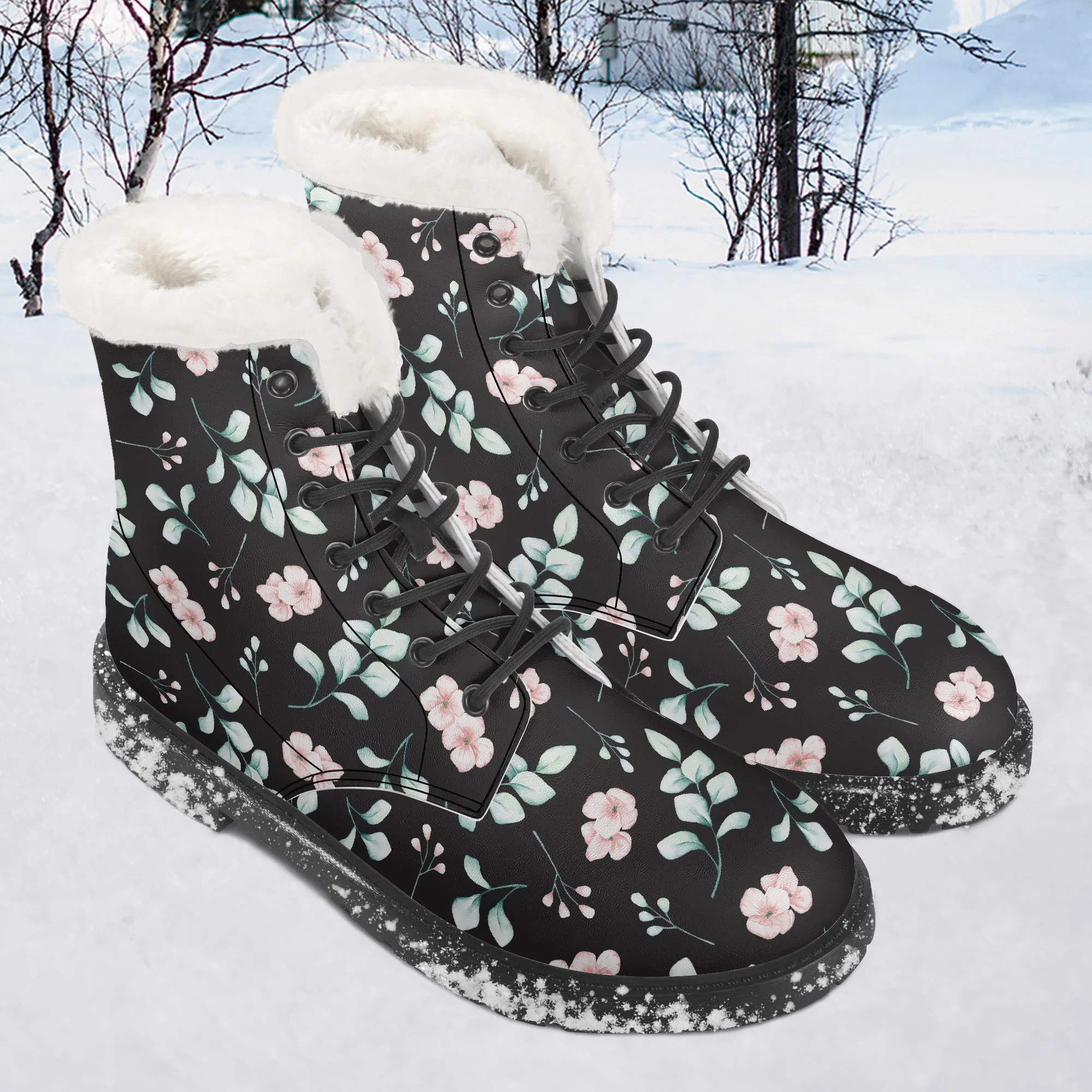 Faux Fur Leather Boots Floral and Eucalyptus Black