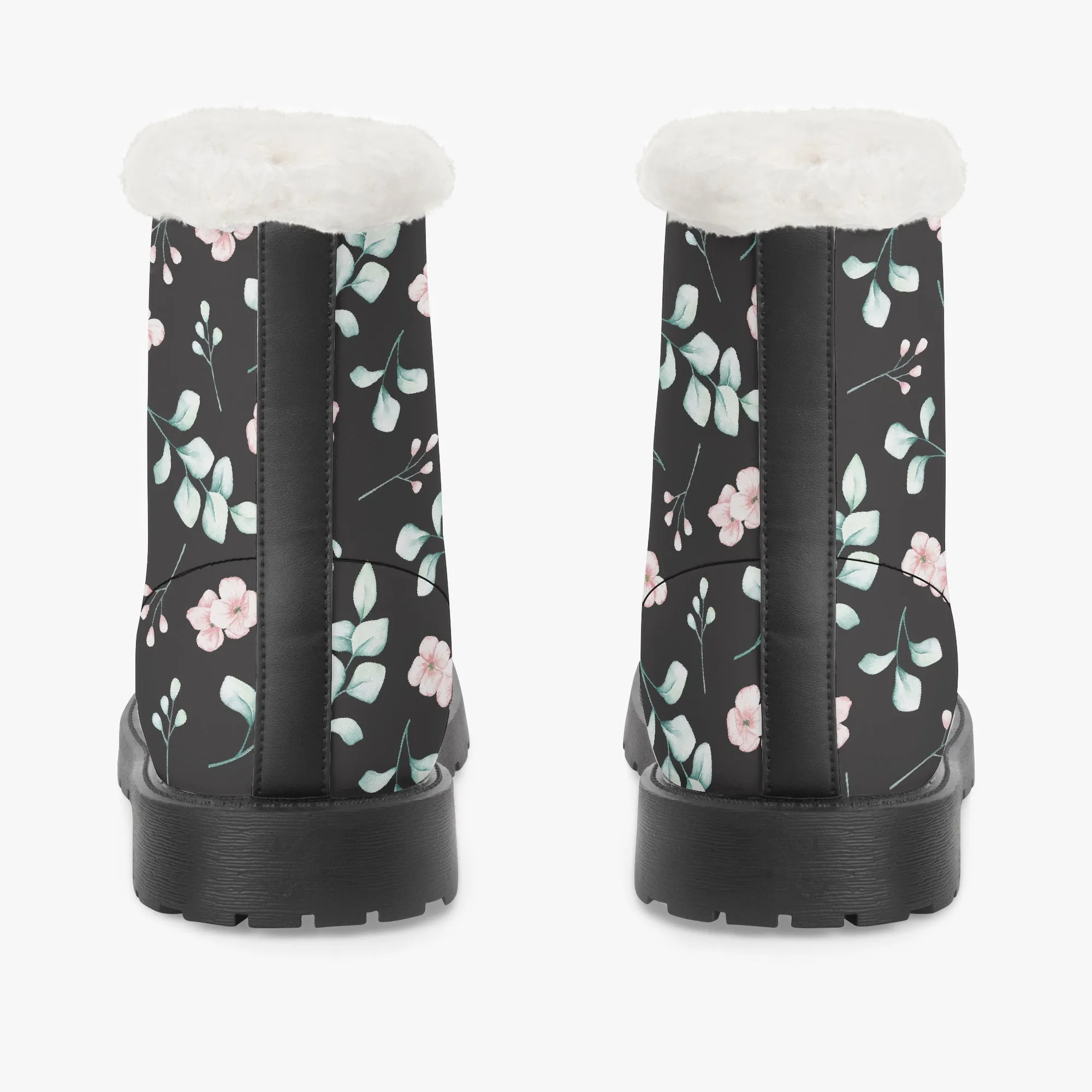 Faux Fur Leather Boots Floral and Eucalyptus Black