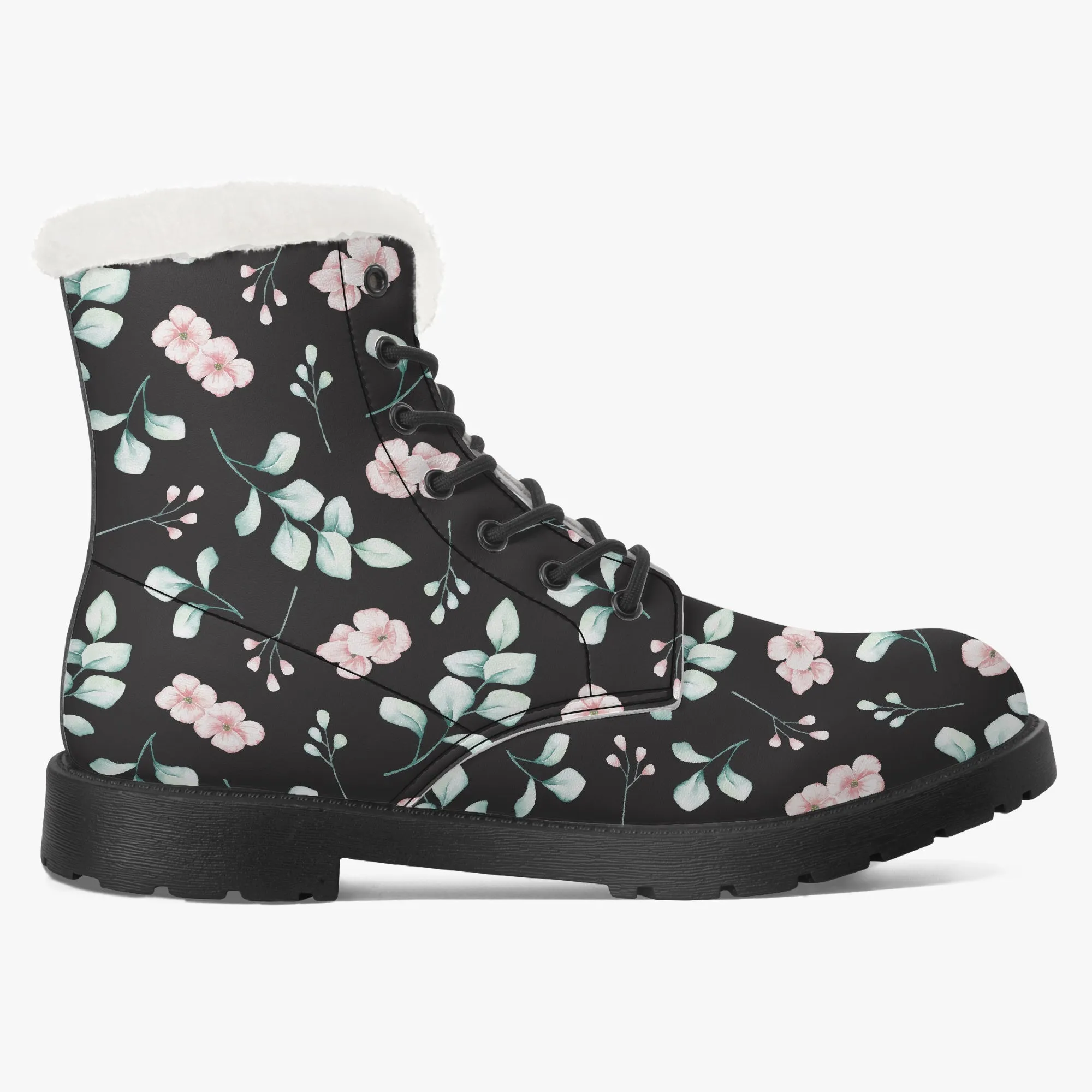 Faux Fur Leather Boots Floral and Eucalyptus Black