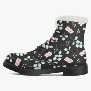 Faux Fur Leather Boots Floral and Eucalyptus Black
