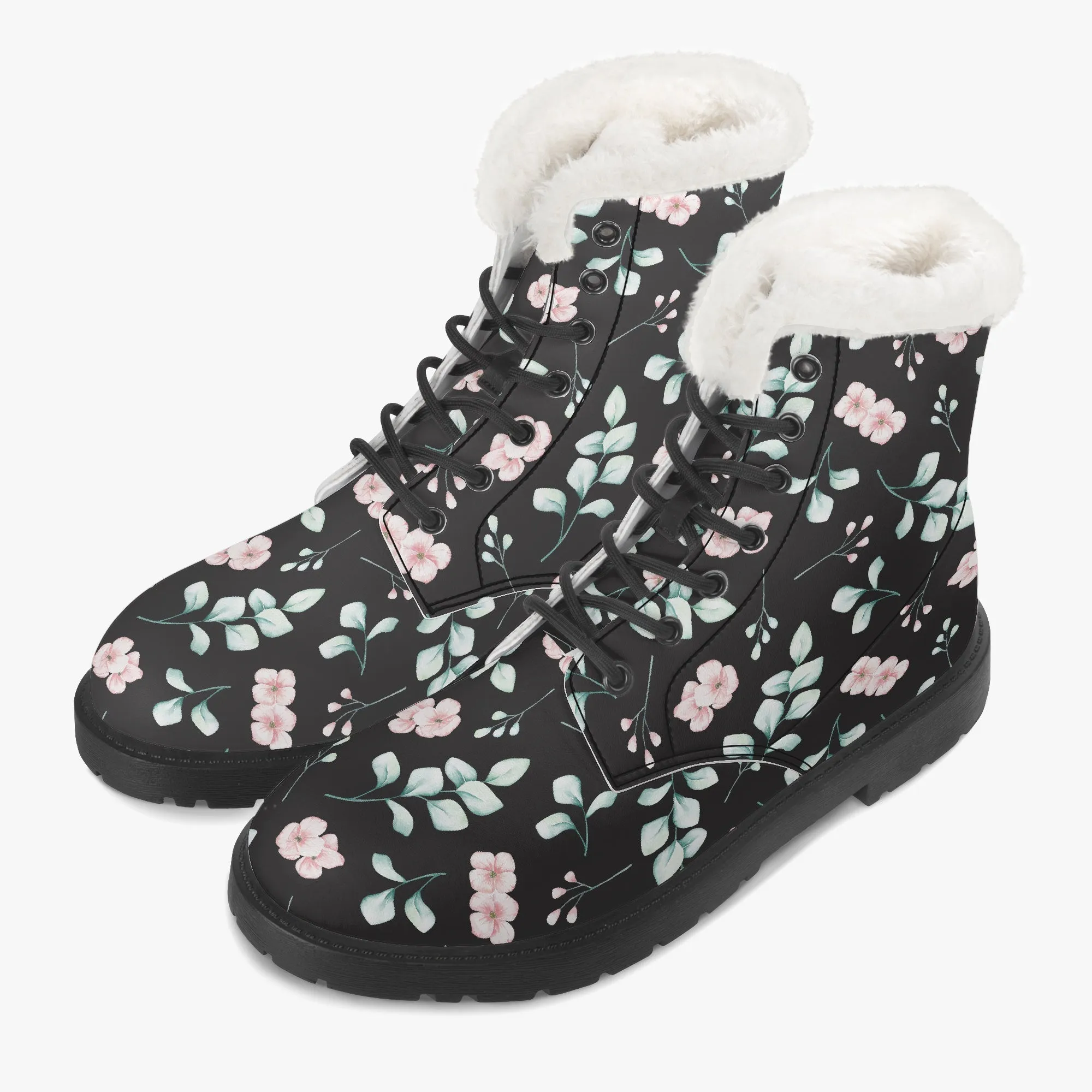 Faux Fur Leather Boots Floral and Eucalyptus Black