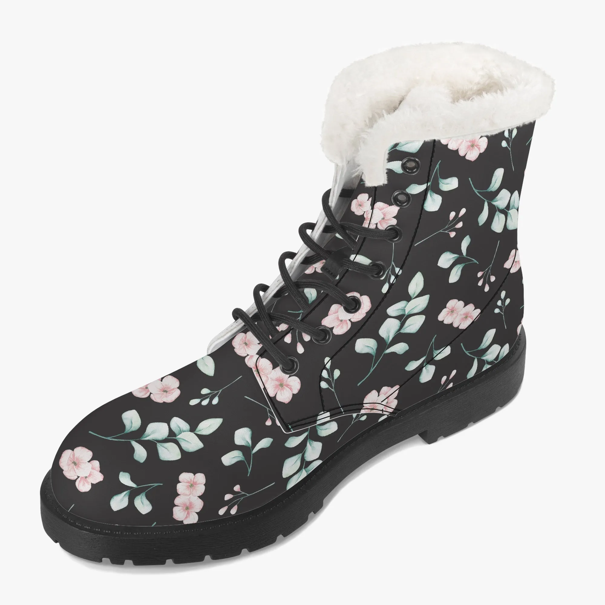 Faux Fur Leather Boots Floral and Eucalyptus Black