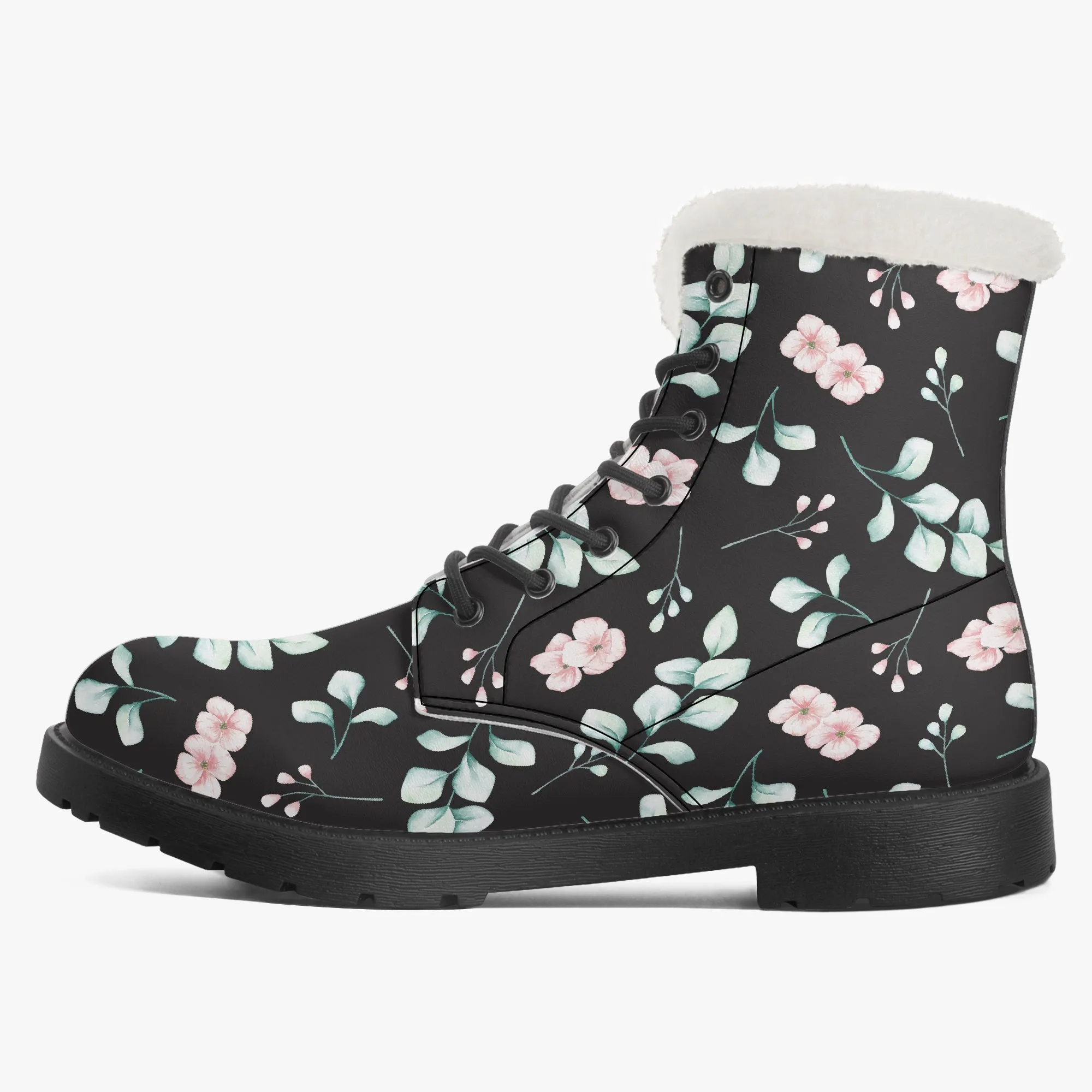 Faux Fur Leather Boots Floral and Eucalyptus Black