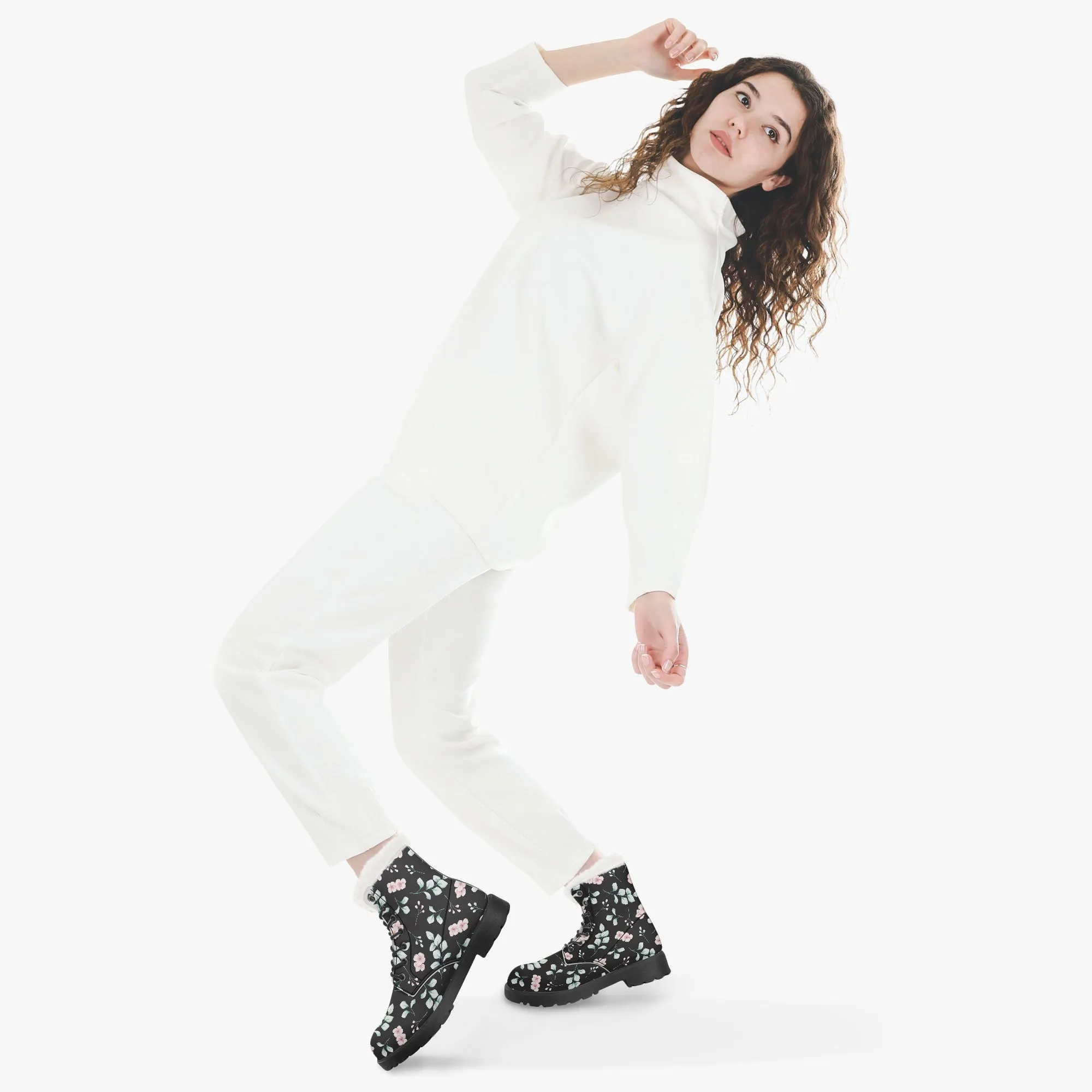 Faux Fur Leather Boots Floral and Eucalyptus Black
