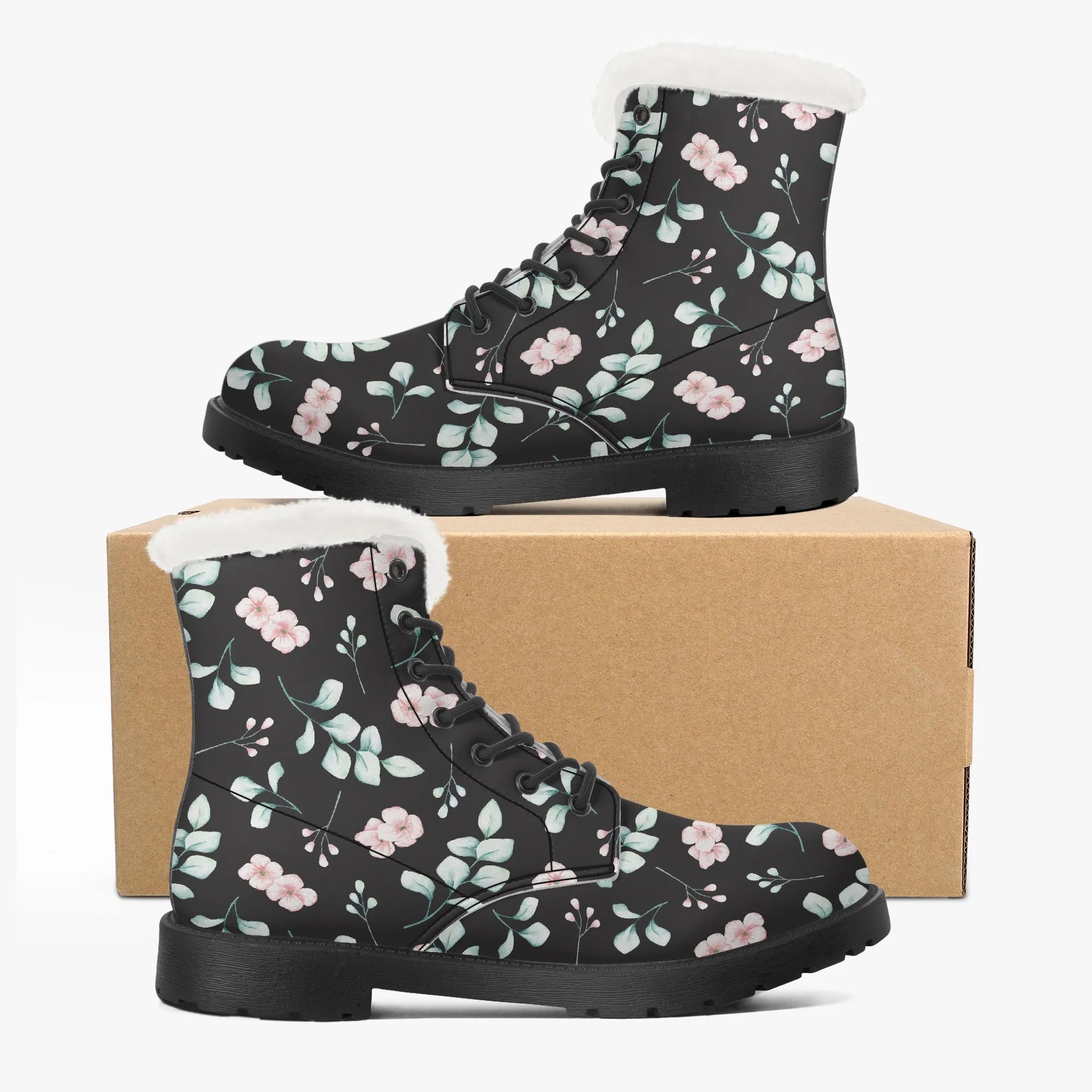 Faux Fur Leather Boots Floral and Eucalyptus Black