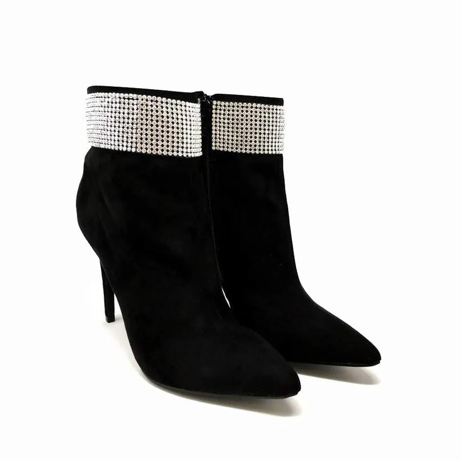 Harley Crystal Detail Ankle Boot In Black Faux Suede
