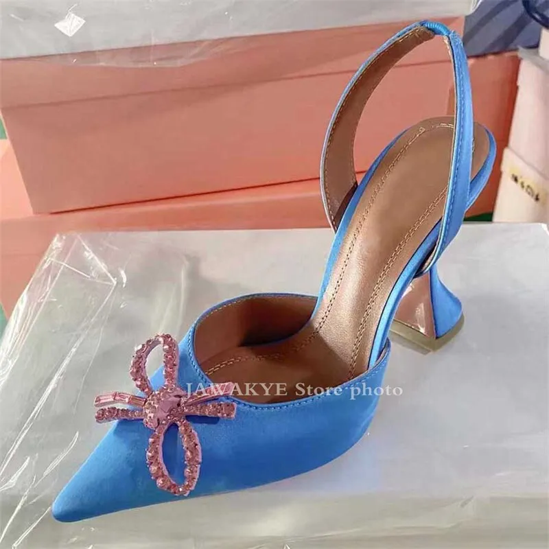 Hot Sale New Color Satin Dress Shoes Women Summer Pointy Toe Goblet High Heel Gladiatus Sandals Crystal Bow-knot Designer Shoes