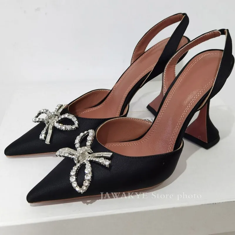 Hot Sale New Color Satin Dress Shoes Women Summer Pointy Toe Goblet High Heel Gladiatus Sandals Crystal Bow-knot Designer Shoes