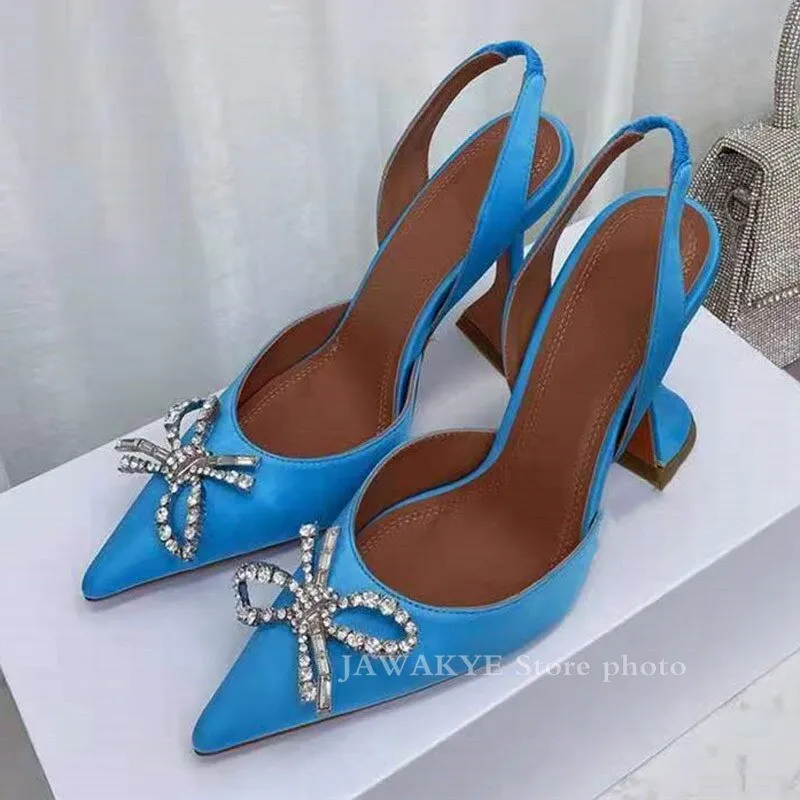 Hot Sale New Color Satin Dress Shoes Women Summer Pointy Toe Goblet High Heel Gladiatus Sandals Crystal Bow-knot Designer Shoes