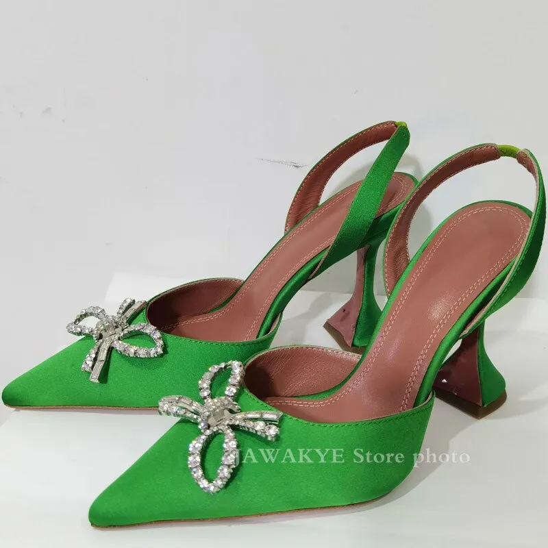 Hot Sale New Color Satin Dress Shoes Women Summer Pointy Toe Goblet High Heel Gladiatus Sandals Crystal Bow-knot Designer Shoes