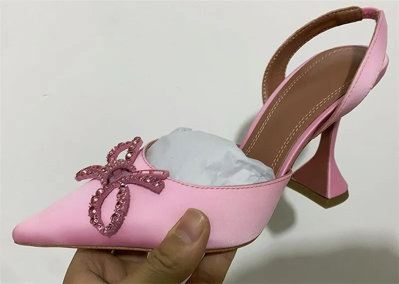 Hot Sale New Color Satin Dress Shoes Women Summer Pointy Toe Goblet High Heel Gladiatus Sandals Crystal Bow-knot Designer Shoes