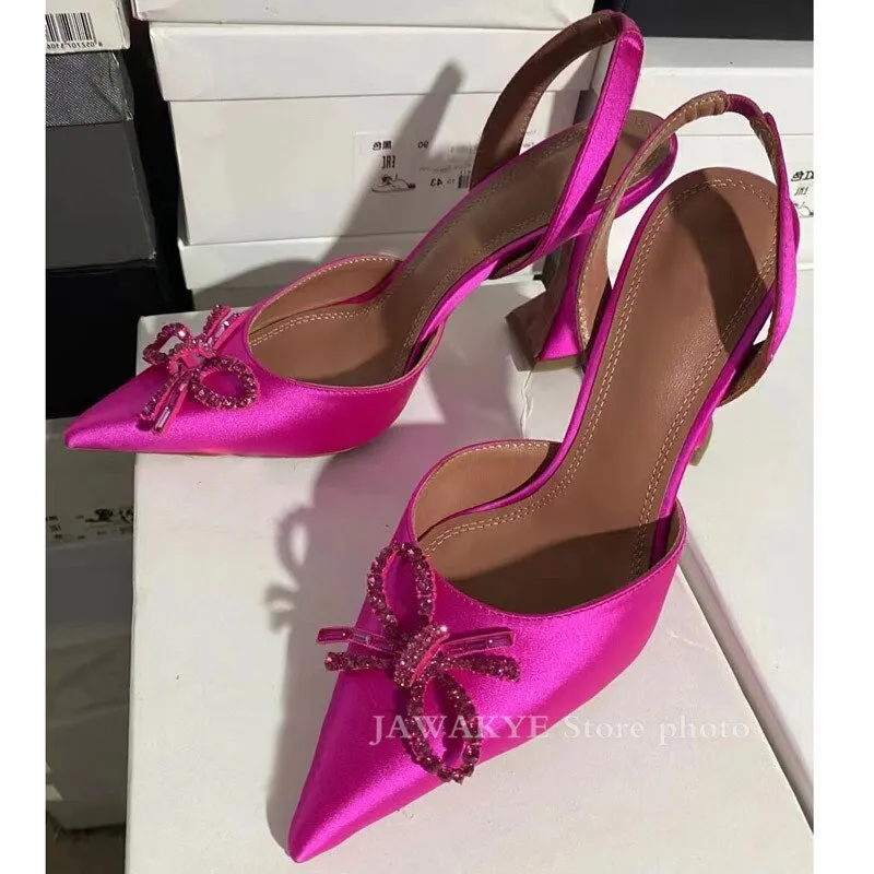 Hot Sale New Color Satin Dress Shoes Women Summer Pointy Toe Goblet High Heel Gladiatus Sandals Crystal Bow-knot Designer Shoes