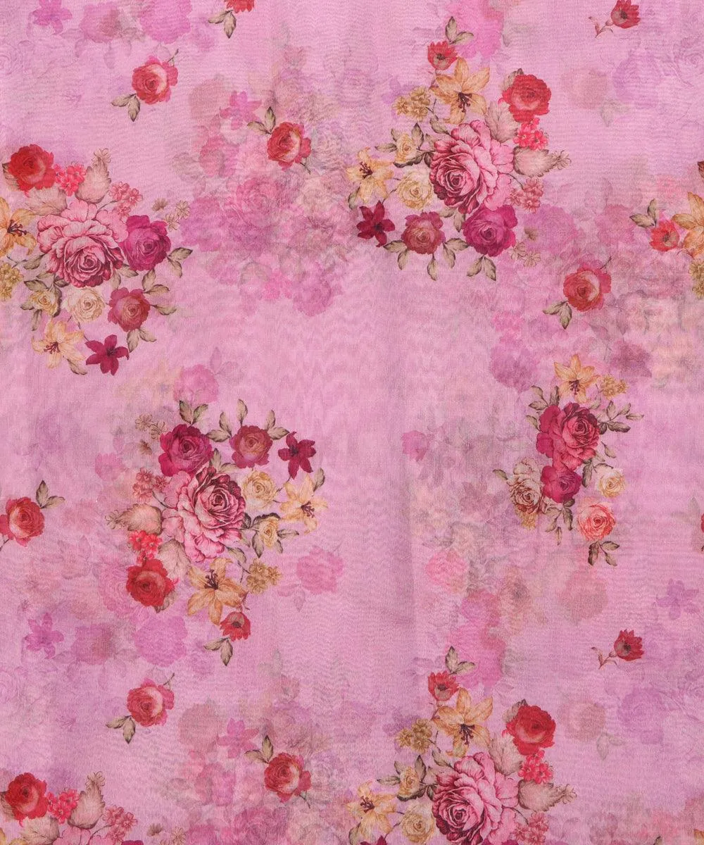 Light Pink Colour Floral Print Organza Silk Fabric