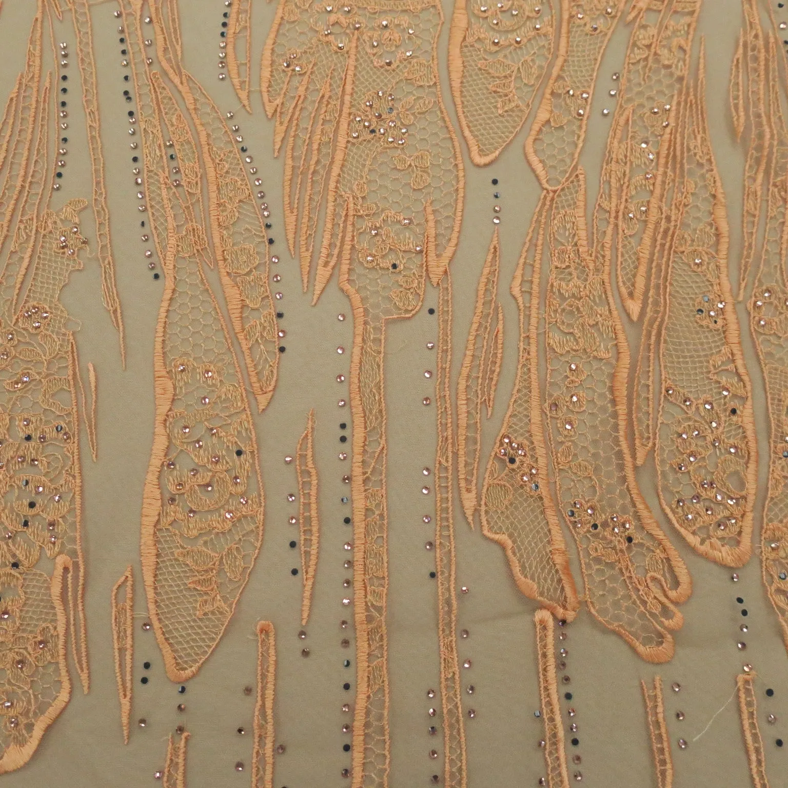 Orange Embroidery with Small Crystals Abstract Embroidered Tulle Fabric